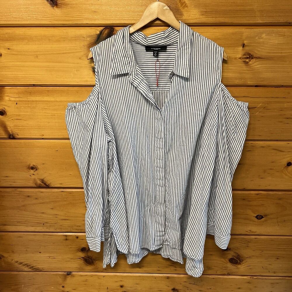 Chelsea Studio Womens 1X 22 24 Button Up Shirt Blue White Cold Shoulder Long Slv